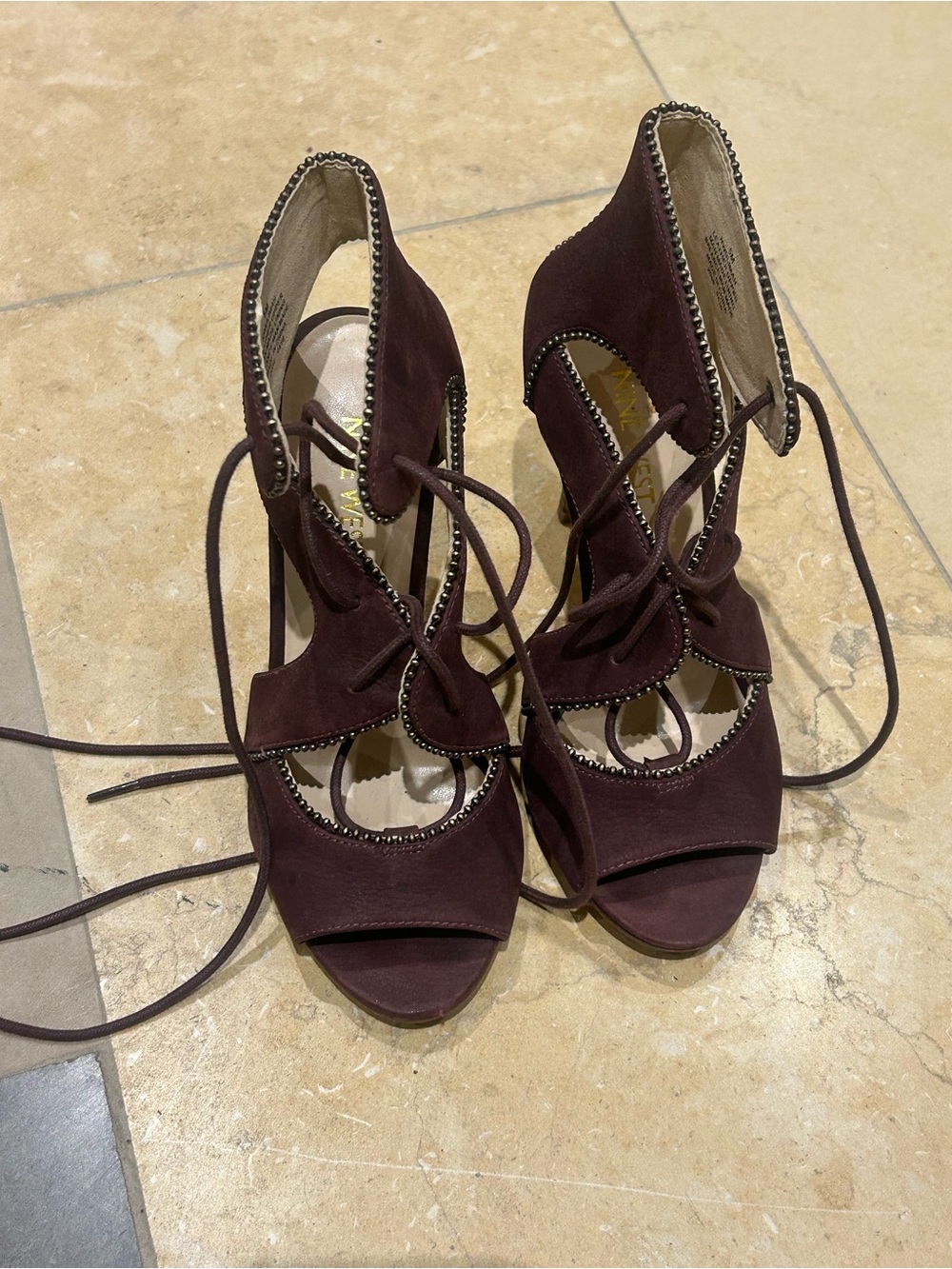 Nine West Lace-Up Open-Toe Heels in Burgundy Suede